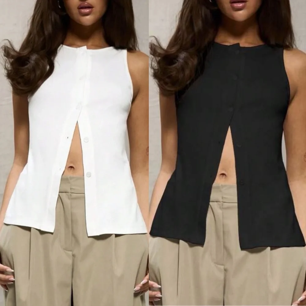 Black button front jersey sleeveless top, stretchy material - Picture 2 of 11